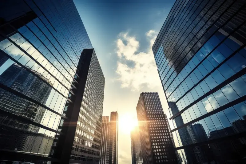 Vista de edificios corporativos al amanecer, representando el entorno financiero para un plan de cuenta