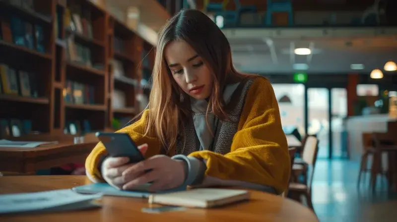 Mujer distraída mirando su teléfono en un entorno de trabajo, afectando su productividad laboral